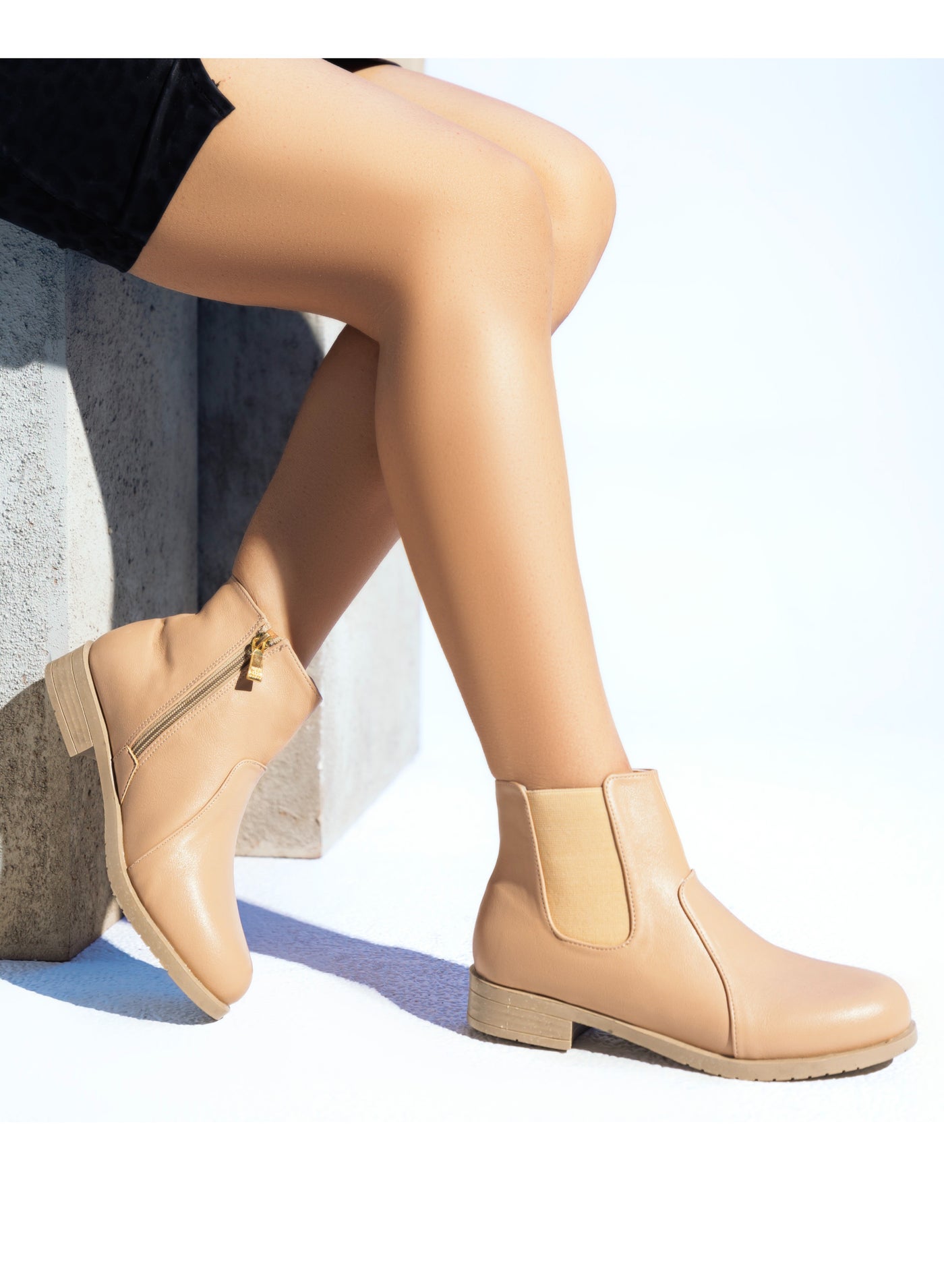 Ankle Boot Flat Leather With Elastic Elegant G-34 - Beige