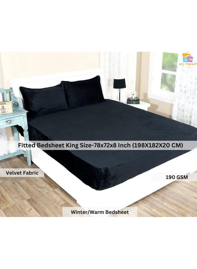 RD TREND 210 TC 190 GSM شراشف فانيلا دافئة مرنة بحجم كينغ (78X72X8 بوصة) مع 2 غطاء وسادة بحجم (18x28 بوصة) لون - أسود، مخطط - Image 2