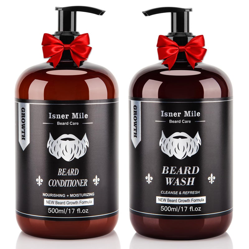 ISNER MILE Beard Wash and Conditioner Set 17 oz New Formula with Biotin Argan & Jojoba Oils Smooth Soften Strengthen Shampoo with Oil Gifts for Men - Image 1