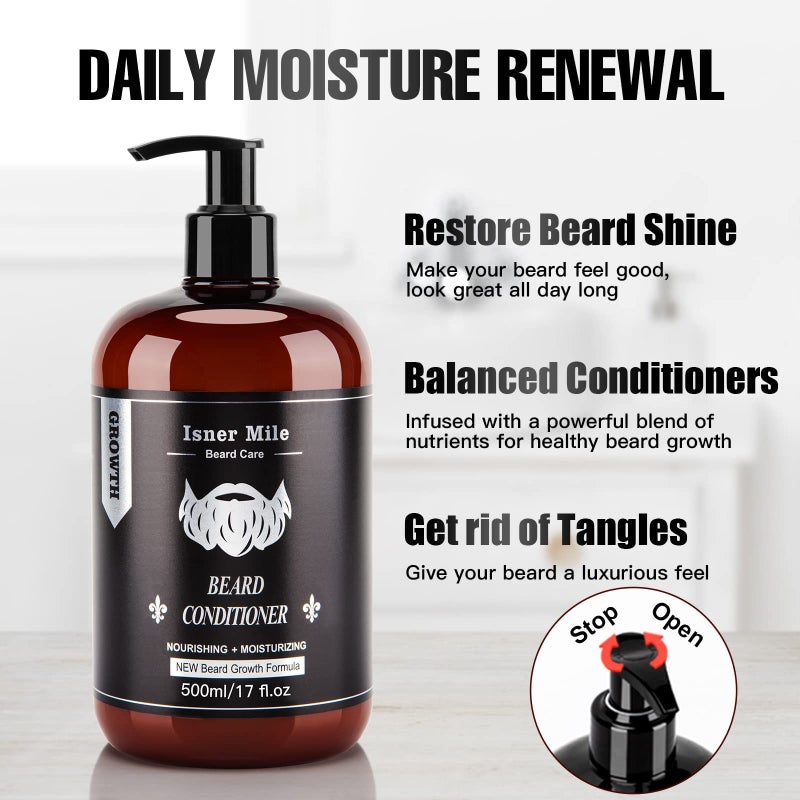 ISNER MILE Beard Wash and Conditioner Set 17 oz New Formula with Biotin Argan & Jojoba Oils Smooth Soften Strengthen Shampoo with Oil Gifts for Men - Image 4