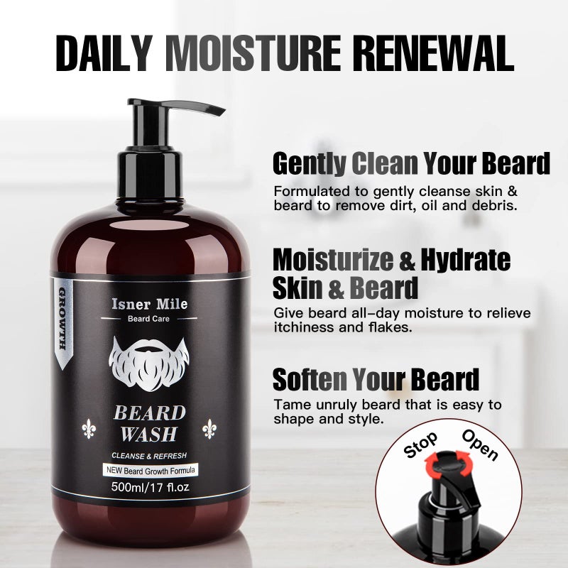 ISNER MILE Beard Wash and Conditioner Set 17 oz New Formula with Biotin Argan & Jojoba Oils Smooth Soften Strengthen Shampoo with Oil Gifts for Men - Image 5