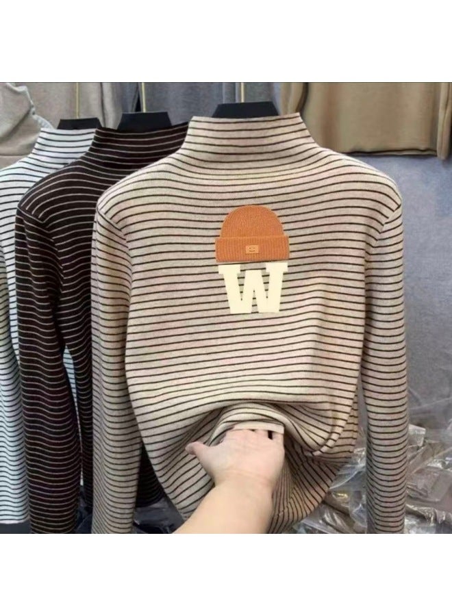 Boys And Girls' Thermal Base Layer Shirts, Spring And Autumn, Big Kids' Half-high Collar Long-sleeve T-shirts, Stylish Striped Warm Tops