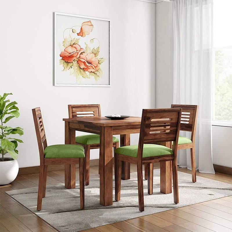 Hariom Handicraft KendalWood Furniture Sheesham Wood Natural Teak Finish 4 Seater Dining Table Set with Chairs and Green Cushion