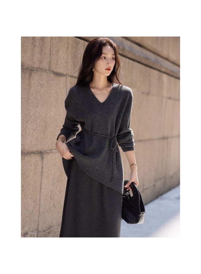 Dme "sweet Woman Style" Spring And Autumn Lady V-neck Adjustable Elastic Waist Belt Temperament Slimming Knitted Sweater Women's Top - Image 3