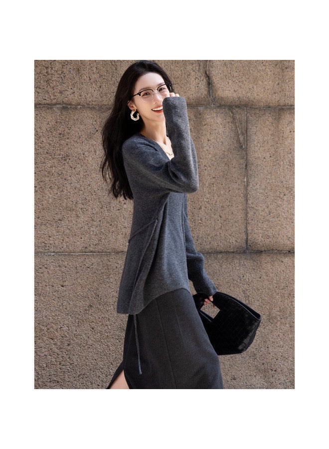 Dme "sweet Woman Style" Spring And Autumn Lady V-neck Adjustable Elastic Waist Belt Temperament Slimming Knitted Sweater Women's Top - Image 1