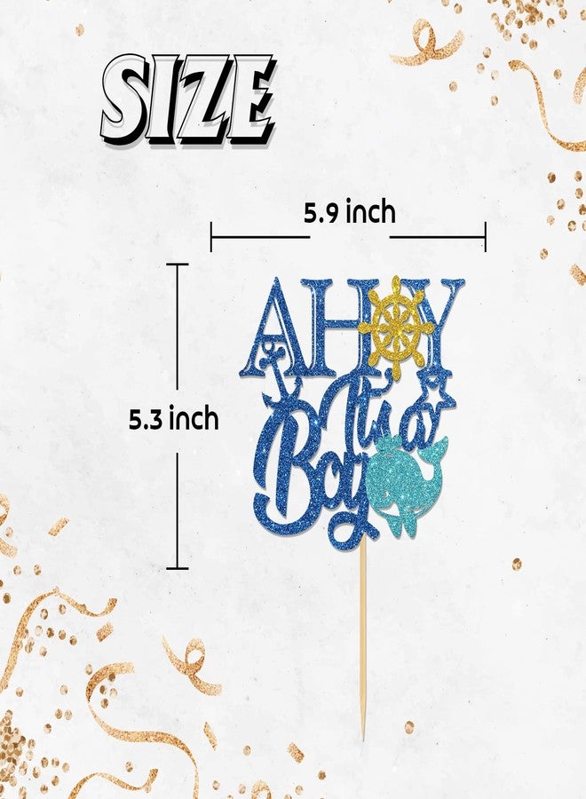 Helewilk Ahoy It's a Boy Cake Topper, Nautical theme Birthday Party Decoration, Ahoy Baby Shower Gender Reveal Party Cake Picks, Welcome Baby Boy Party Supplies Photo Booth Props, Blue Glitter - Image 3