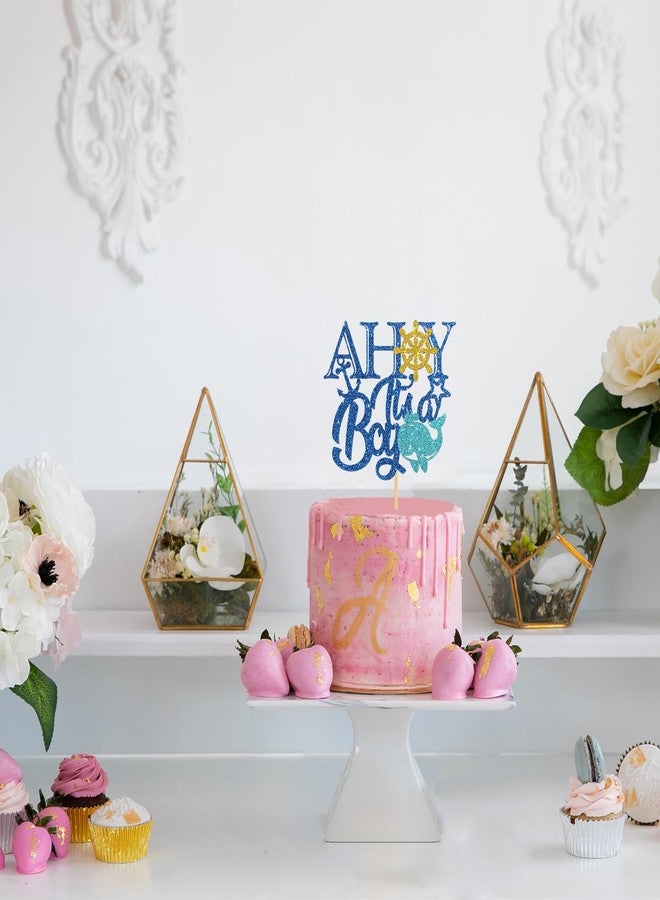 Helewilk Ahoy It's a Boy Cake Topper, Nautical theme Birthday Party Decoration, Ahoy Baby Shower Gender Reveal Party Cake Picks, Welcome Baby Boy Party Supplies Photo Booth Props, Blue Glitter - Image 4