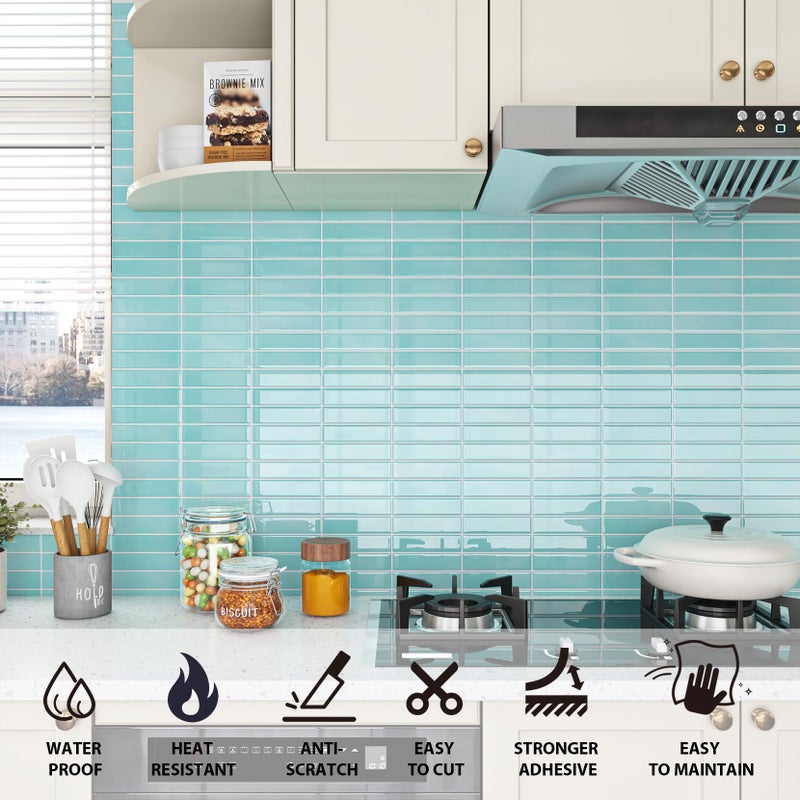 ReWallpaper Teal Subway Tile Peel and Stick Backsplash Blue Green Backsplash Tiles for Kitchen Wall 12x12 inch Removable Glossy Marble Look Back Splash Stick on Tiles for Bathroom Laundry Room 3-Sheet - Image 3