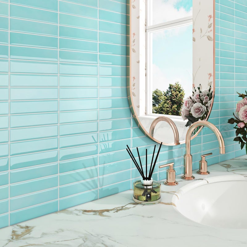 ReWallpaper Teal Subway Tile Peel and Stick Backsplash Blue Green Backsplash Tiles for Kitchen Wall 12x12 inch Removable Glossy Marble Look Back Splash Stick on Tiles for Bathroom Laundry Room 3-Sheet - Image 1