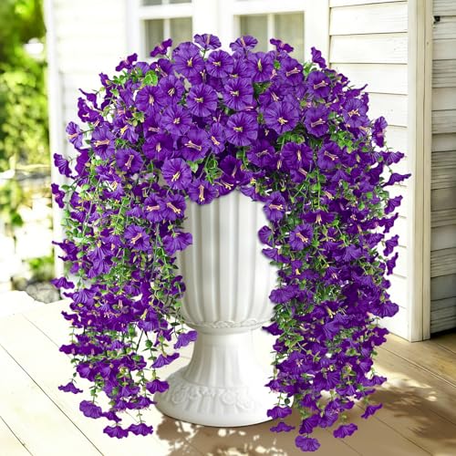 Julako Artificial Hanging Flowers for Outdoors 2 PCS 300 Blooms UV Resistant Morning Glory Faux Silk Vines NoOdor Realistic Fake Plants for Garden Planter Porch Patio Decoration Purple - Image 1