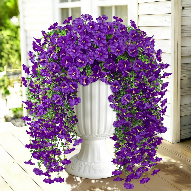 Julako Artificial Hanging Flowers for Outdoors 2 PCS 300 Blooms UV Resistant Morning Glory Faux Silk Vines NoOdor Realistic Fake Plants for Garden Planter Porch Patio Decoration Purple - Image 2