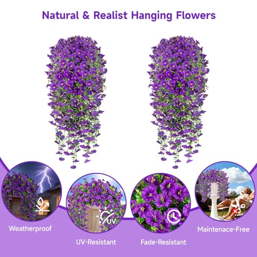Julako Artificial Hanging Flowers for Outdoors 2 PCS 300 Blooms UV Resistant Morning Glory Faux Silk Vines NoOdor Realistic Fake Plants for Garden Planter Porch Patio Decoration Purple - Image 3