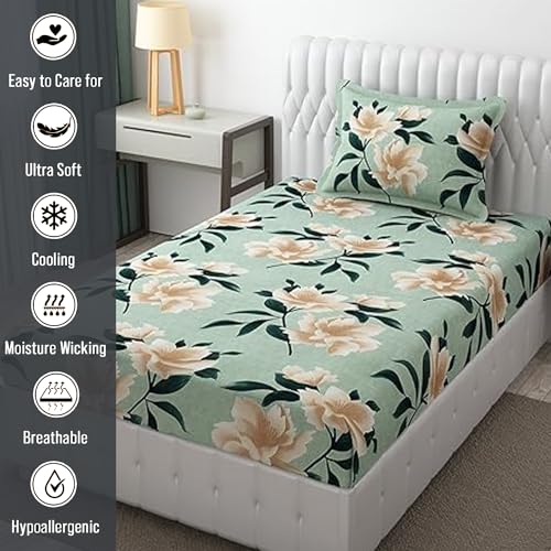 FRESH FROM LOOM Single Bed Floral Design Microfiber Single Bedsheet | Hypo-Allergenic Bedsheets/Bedcover | Wrinkle Free | Includes 1 Pillow Covers (60x90 Inches | Sea Green), 144 TC - Image 4