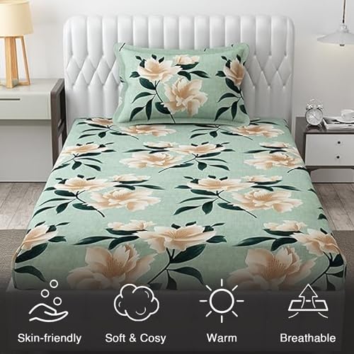 FRESH FROM LOOM Single Bed Floral Design Microfiber Single Bedsheet | Hypo-Allergenic Bedsheets/Bedcover | Wrinkle Free | Includes 1 Pillow Covers (60x90 Inches | Sea Green), 144 TC - Image 5