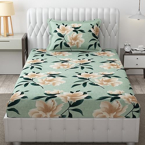 FRESH FROM LOOM Single Bed Floral Design Microfiber Single Bedsheet | Hypo-Allergenic Bedsheets/Bedcover | Wrinkle Free | Includes 1 Pillow Covers (60x90 Inches | Sea Green), 144 TC - Image 1