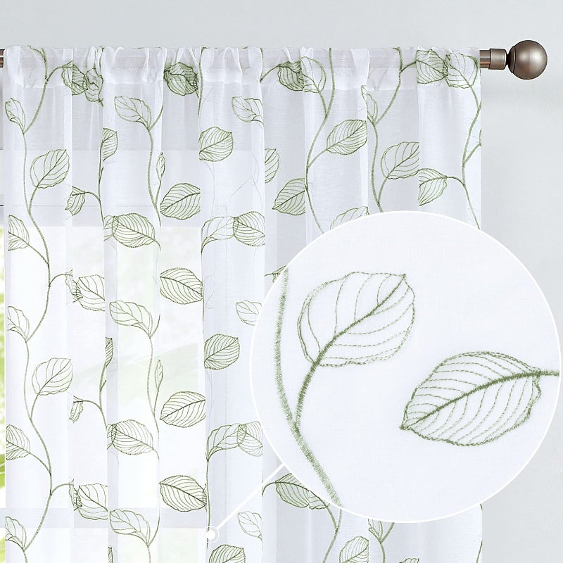 Topick Embroidered Sheer Curtains for Living Room Botanical Tile Sage Window Curtains Leaf Geometric SemiSheer Drapes for Bedroom Pole Top 2 Panels 84 inch