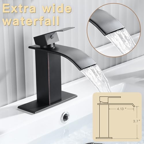 Fransiton Oil Rubbed Bronze Waterfall Bathroom Faucet Lavatory Single Handle 1 or 3 Hole Bathroom Sink Faucet Washbasin Faucet with Deck and Pop-up Drain (Short, Oil Rubbed Bronze) - Image 3