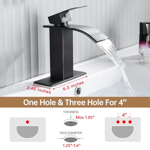 Fransiton Oil Rubbed Bronze Waterfall Bathroom Faucet Lavatory Single Handle 1 or 3 Hole Bathroom Sink Faucet Washbasin Faucet with Deck and Pop-up Drain (Short, Oil Rubbed Bronze) - Image 2