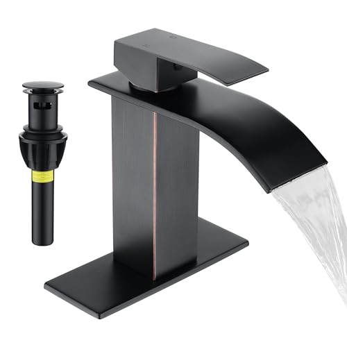 Fransiton Oil Rubbed Bronze Waterfall Bathroom Faucet Lavatory Single Handle 1 or 3 Hole Bathroom Sink Faucet Washbasin Faucet with Deck and Pop-up Drain (Short, Oil Rubbed Bronze) - Image 1