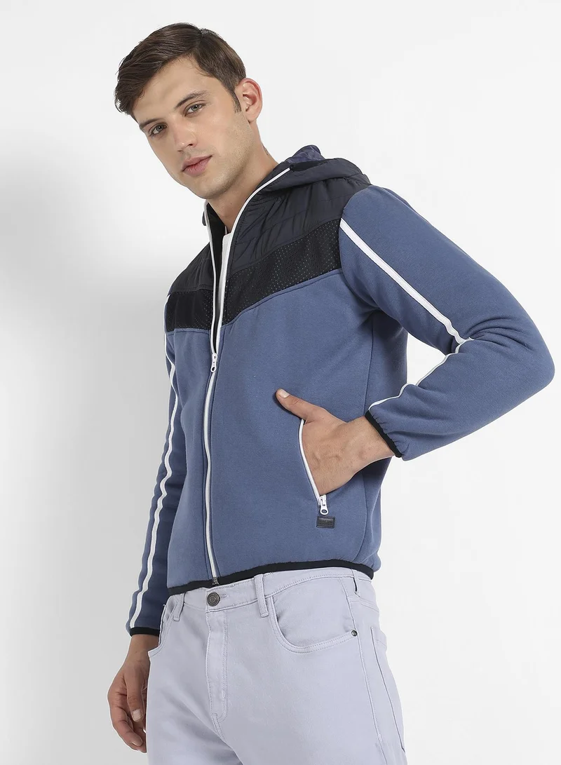 Campus Sutra Men's Prussian Blue Contrast Panel Puffer Jacket With Insert Pocket