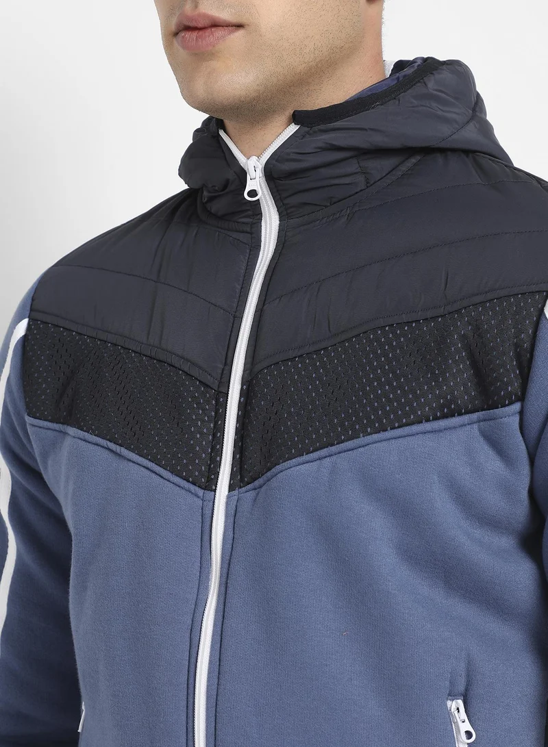 Campus Sutra Men's Prussian Blue Contrast Panel Puffer Jacket With Insert Pocket
