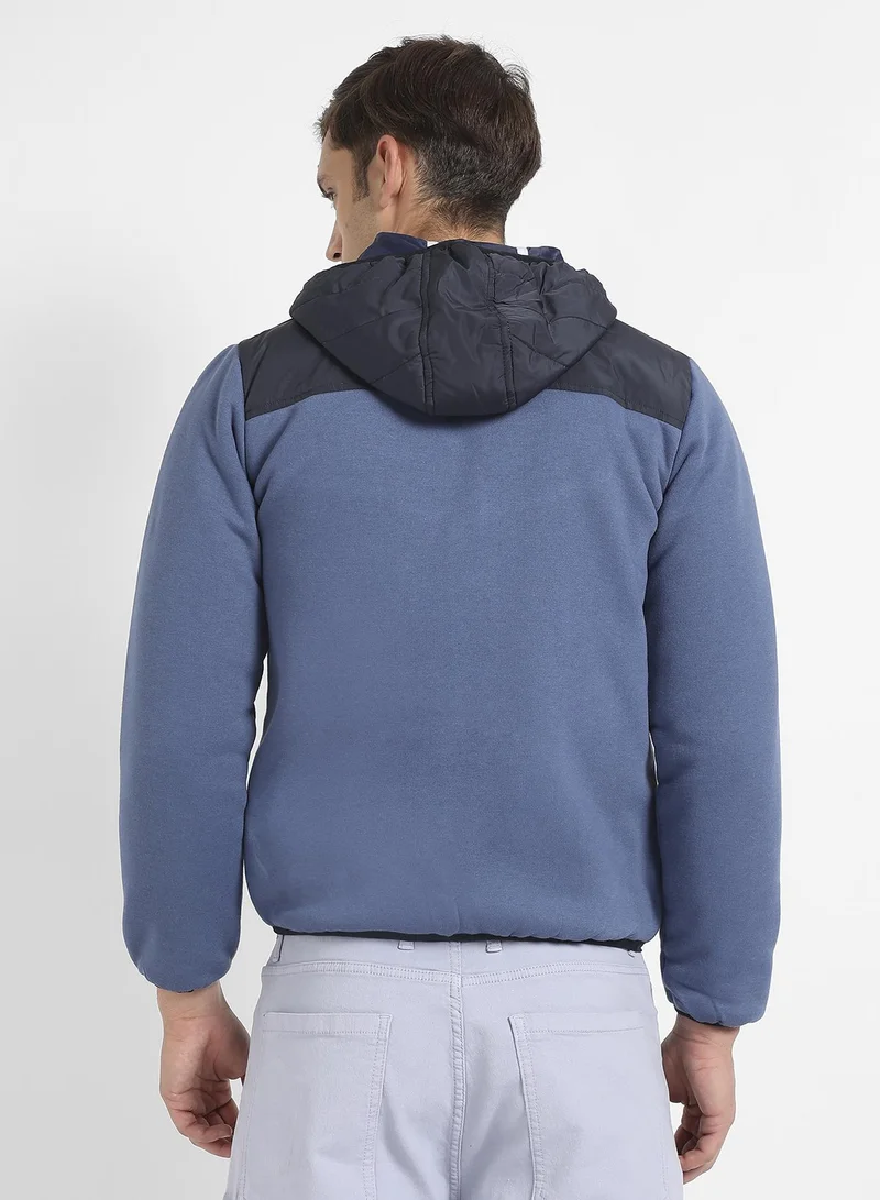 Campus Sutra Men's Prussian Blue Contrast Panel Puffer Jacket With Insert Pocket