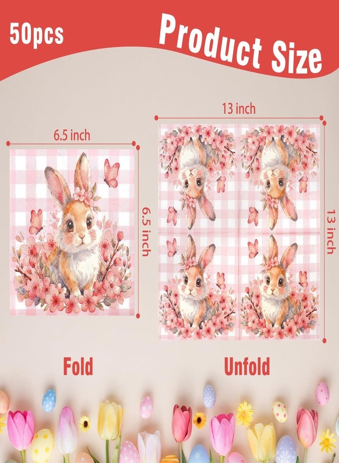 Luktastic Spring Napkins, 50 Pcs Floral Bunny Paper Napkins, Pink Spring Flower Cocktail Napkin Disposable Luncheon Decorative Dinner Hand Decaupage Napkin for Outdoor Picnic Birthday Party Supplies Decorations - Image 2