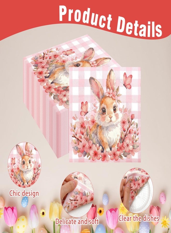 Luktastic Spring Napkins, 50 Pcs Floral Bunny Paper Napkins, Pink Spring Flower Cocktail Napkin Disposable Luncheon Decorative Dinner Hand Decaupage Napkin for Outdoor Picnic Birthday Party Supplies Decorations - Image 3