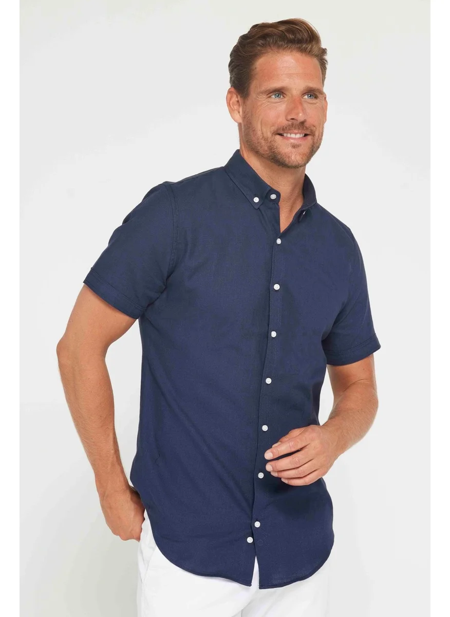 Tudors Men's Slim Fit Slim Cut Short Sleeve 100% Cotton Linen Texture Navy Blue Button-Down Collar Shirt