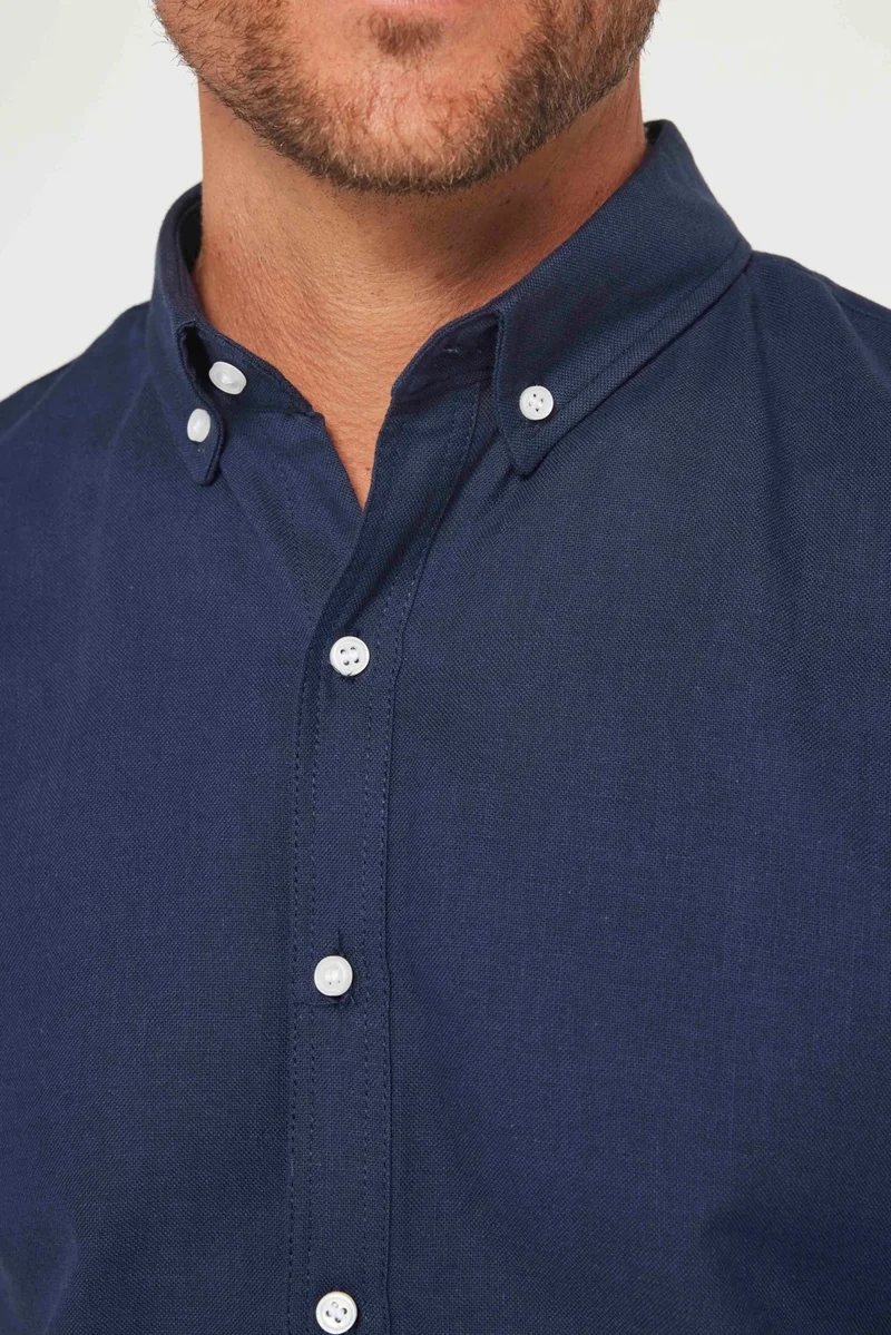 Tudors Men's Slim Fit Slim Cut Short Sleeve 100% Cotton Linen Texture Navy Blue Button-Down Collar Shirt