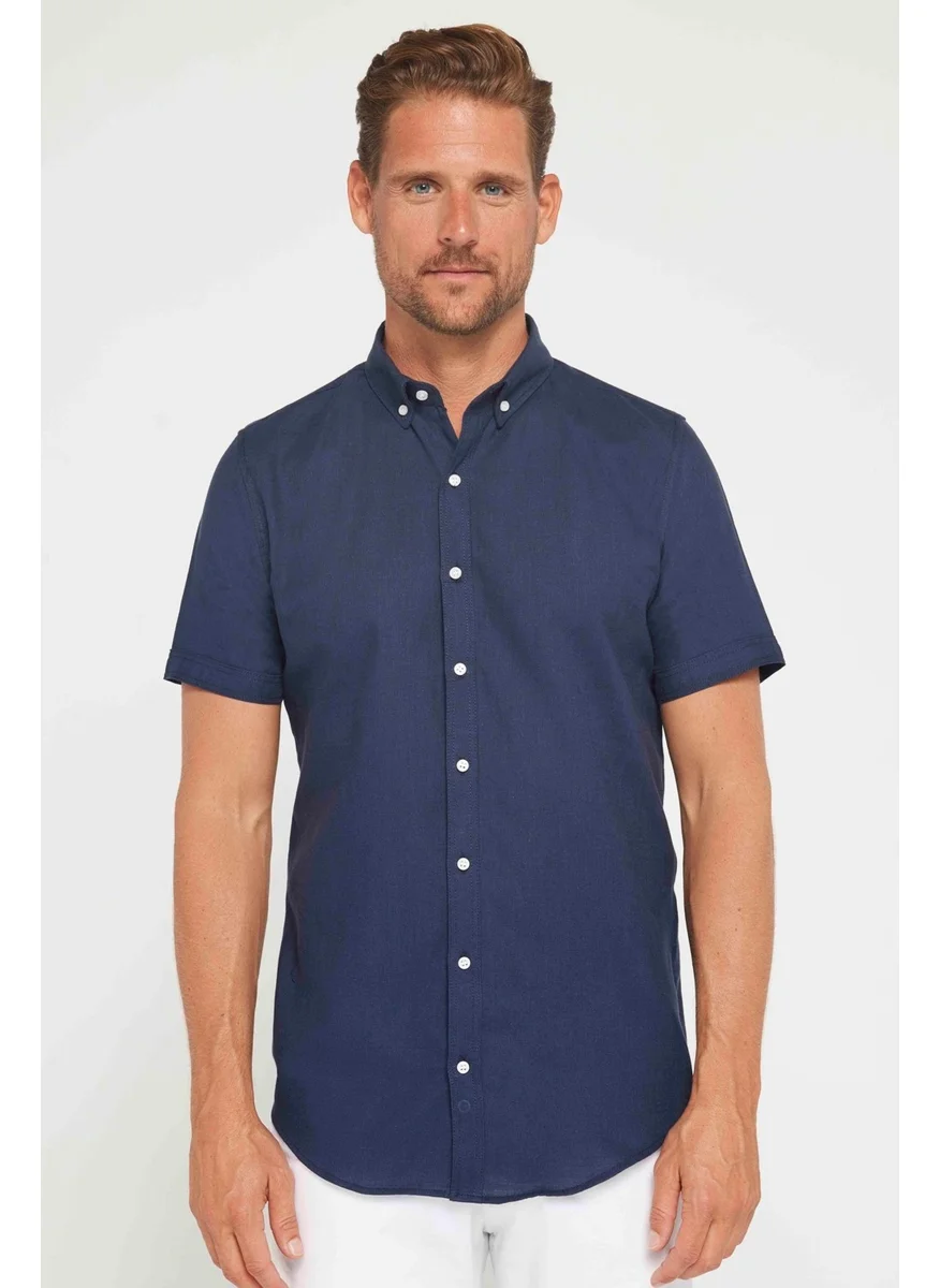 Tudors Men's Slim Fit Slim Cut Short Sleeve 100% Cotton Linen Texture Navy Blue Button-Down Collar Shirt