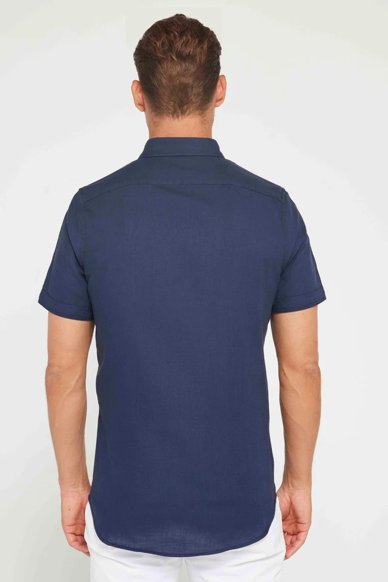 Tudors Men's Slim Fit Slim Cut Short Sleeve 100% Cotton Linen Texture Navy Blue Button-Down Collar Shirt