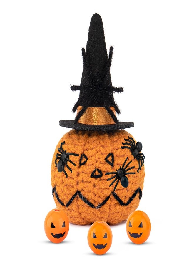 wonuu Halloween Handmade Knitted Pumpkin with Realistic Spider Pumpkin Face Ball Hat Sunglasses, Crochet Doll for Desk Table Decor Car Ornament Home House Party Decoration, Triangle Eyes Pumpkin - Image 1