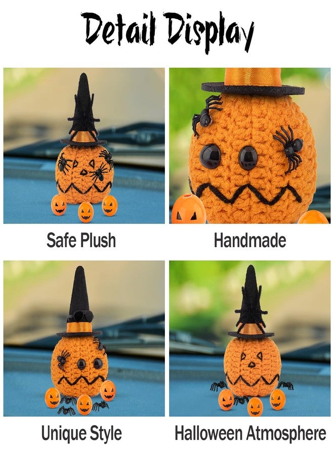 wonuu Halloween Handmade Knitted Pumpkin with Realistic Spider Pumpkin Face Ball Hat Sunglasses, Crochet Doll for Desk Table Decor Car Ornament Home House Party Decoration, Triangle Eyes Pumpkin - Image 4