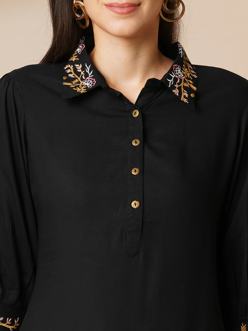 globus Women Black Floral Embroidered Top & Trousers