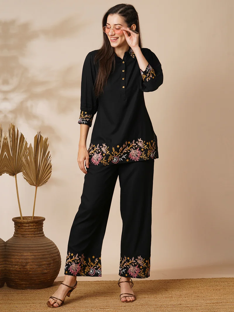 globus Women Black Floral Embroidered Top & Trousers