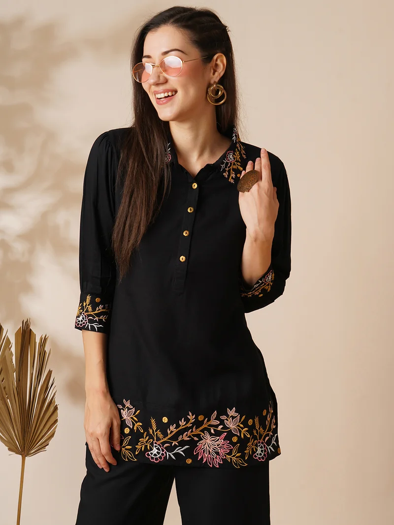 globus Women Black Floral Embroidered Top & Trousers
