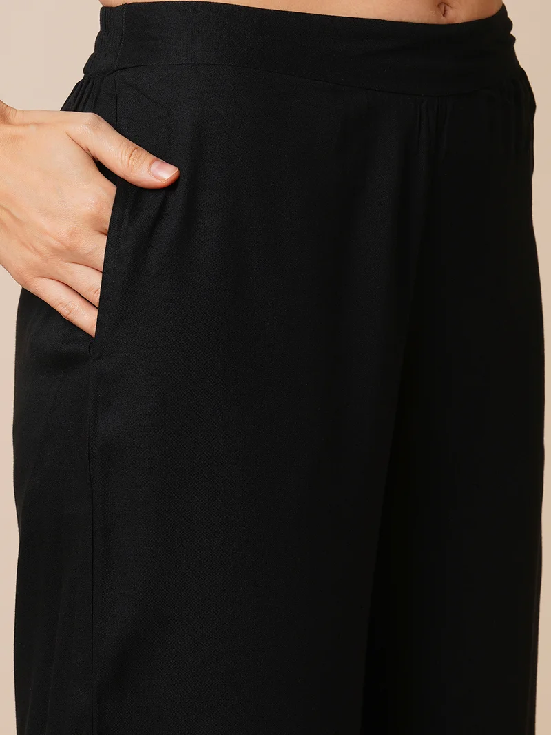 globus Women Black Floral Embroidered Top & Trousers