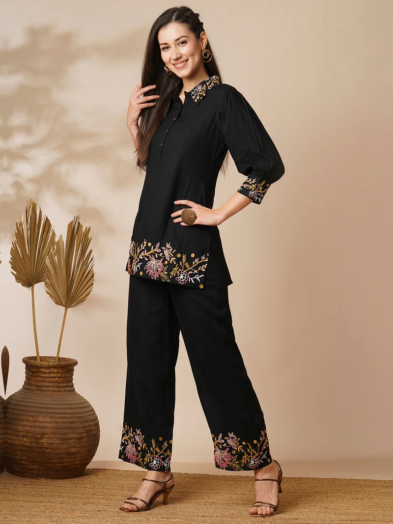 globus Women Black Floral Embroidered Top & Trousers