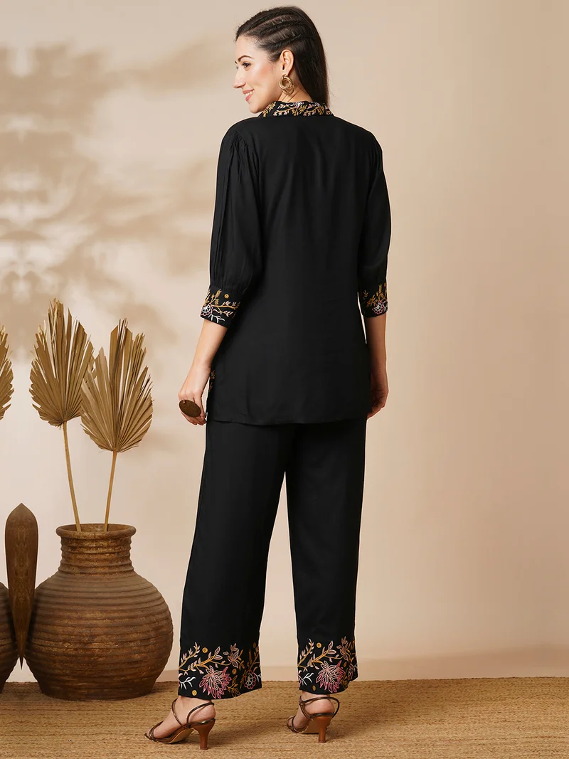 globus Women Black Floral Embroidered Top & Trousers