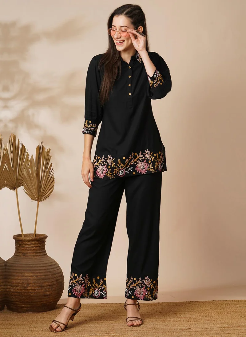 Globus Women Black Floral Embroidered Top & Trousers