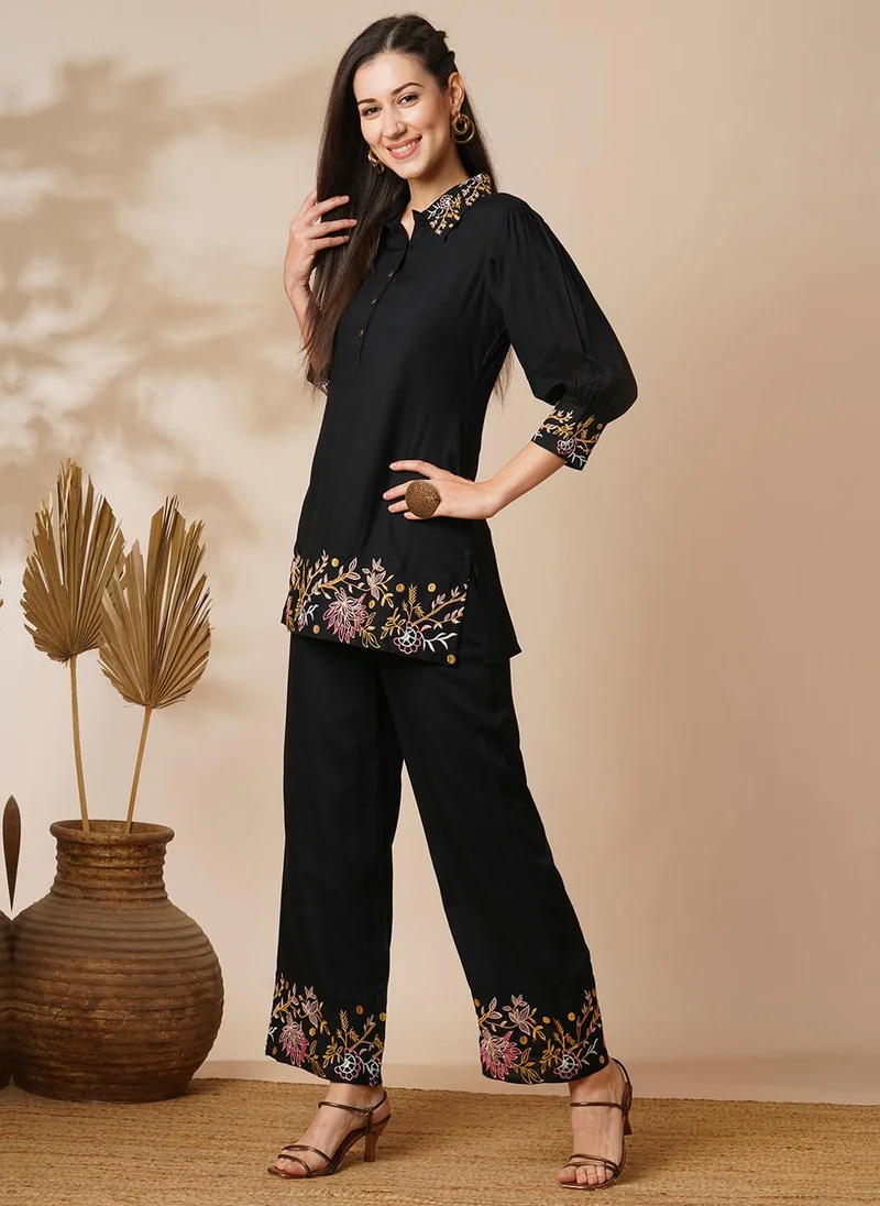 globus Globus Women Black Floral Embroidered Top & Trousers