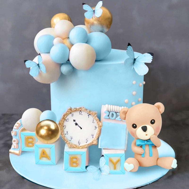 DRWATE Bear Cake Toppers Mini Bear Cake Decorations Blue Letter Cake Toppers Gold Blue White Pearl Ball for Bear Theme Birthday Supplies Blue Baby - Image 2