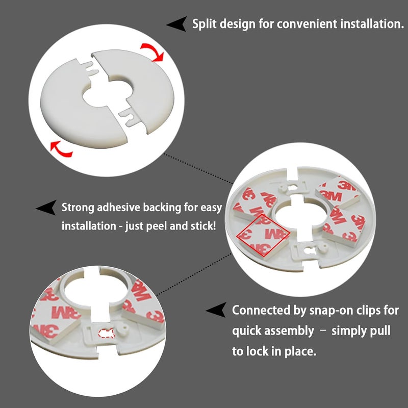 CAcoverVA 1 Pack Wall Split Flange for 2.52 Inch/64mm OD Pipe ABS Escutcheon Plate Self-Adhesive Round Plumbing Cover Plates for Water Pipe Faucet Decoration, White - Image 3