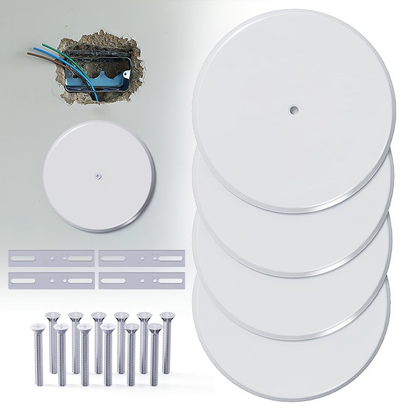 WunoShop 4 Pcs Ceiling Cover Plate Metal Blank Cleanout Cover Plate with Center Hole5 inch Round Outlet Covers Plate For Electrical Box Smoke Detector Cover Plate for Wall Light Hole White