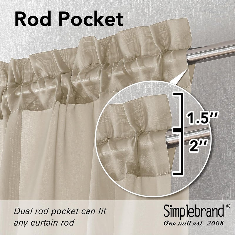SimpleBrand Taupe Sheer Curtains 63 Inch Length 2 Panels, Rod Pocket Solid Color Kakhi Taupe Brown Window Sheer Curtain Panels, Elegant Curtains & Drapes for Living Room, Bedroom (42" W x 63" L) - Image 2