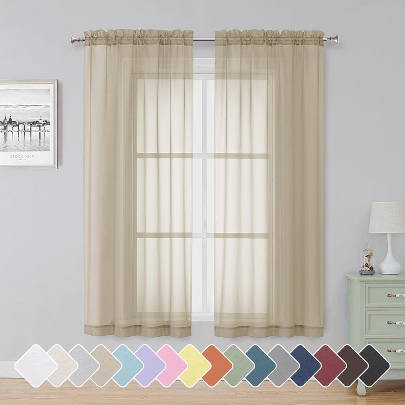 SimpleBrand Taupe Sheer Curtains 63 Inch Length 2 Panels, Rod Pocket Solid Color Kakhi Taupe Brown Window Sheer Curtain Panels, Elegant Curtains & Drapes for Living Room, Bedroom (42" W x 63" L) - Image 1