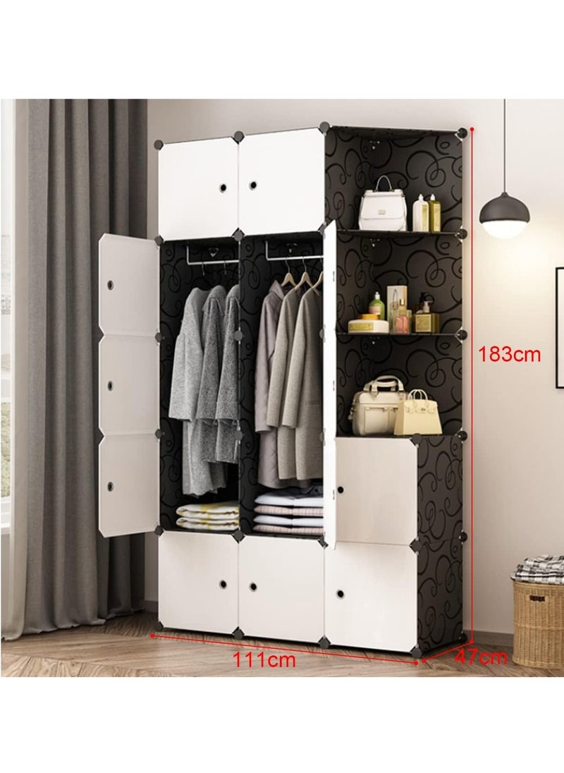 XiuWoo - Portable Closets Cube Wardrobe 15 Cube Modular Storage Cabinet with 2 Hanging Rail & Door Large Organizer Cupboard Combination Bedroom Armoire Plastic Bin Clothing Cabinet for Books Toys Towels Shoes - Image 1
