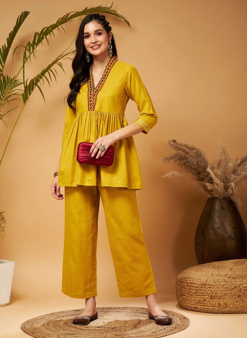 PRASHA Women Mustard Embroidered Gathered Top - Image 1