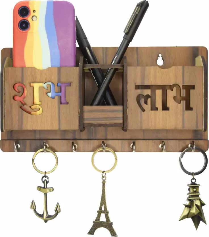 WEBLOT Shubh Laabh Designer Wooden Key Holder with Two Mobile Pocket and Pen Holder Wood for Home Wall Office Hall Living Room Bedroom 7 Hooks Brown - Image 1